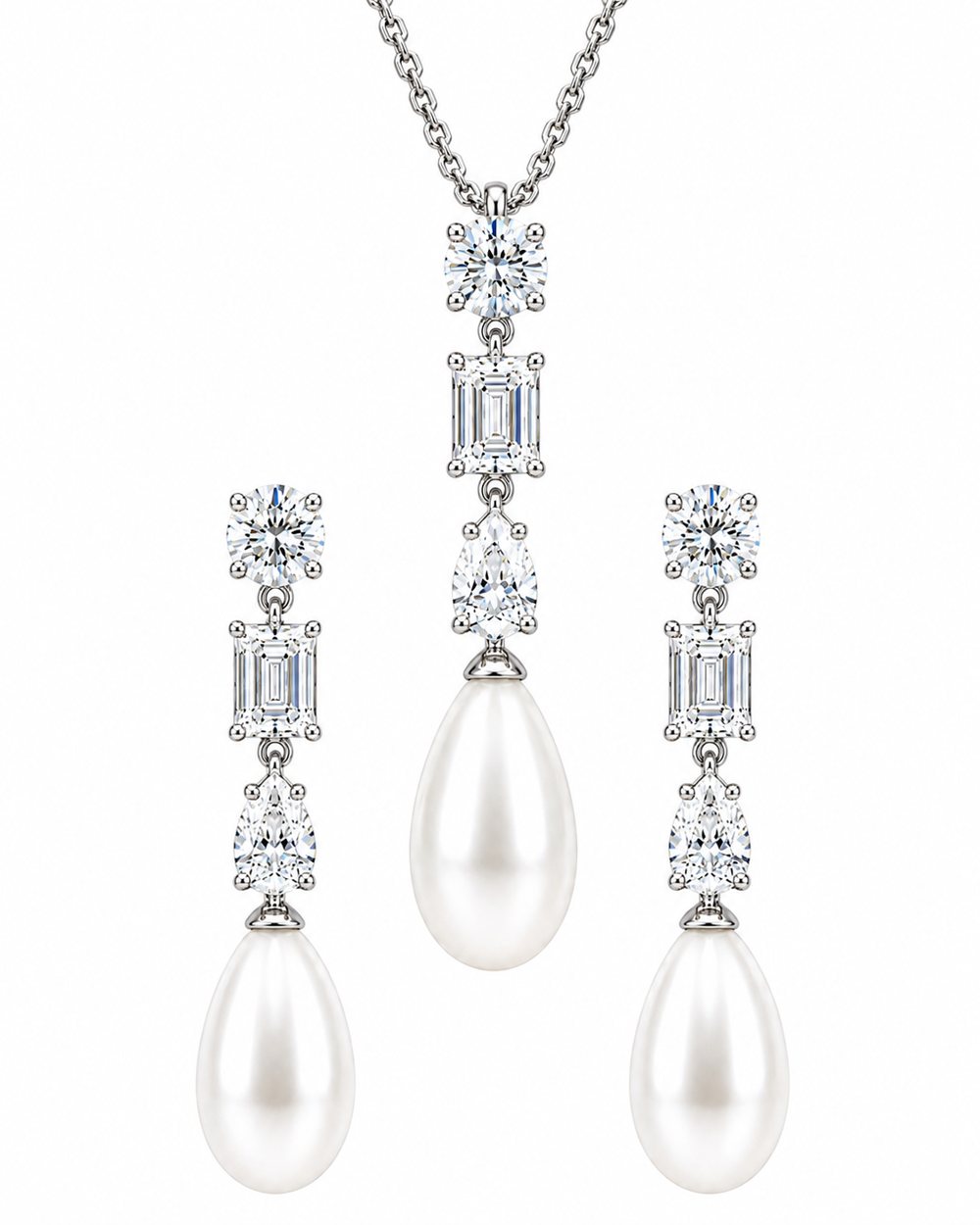 Éclair teardrop pearl pendant and drop earrings set