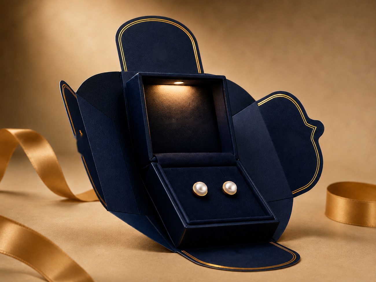 Pearl stud earrings presented in an illuminated navy gift box with gold ribbon