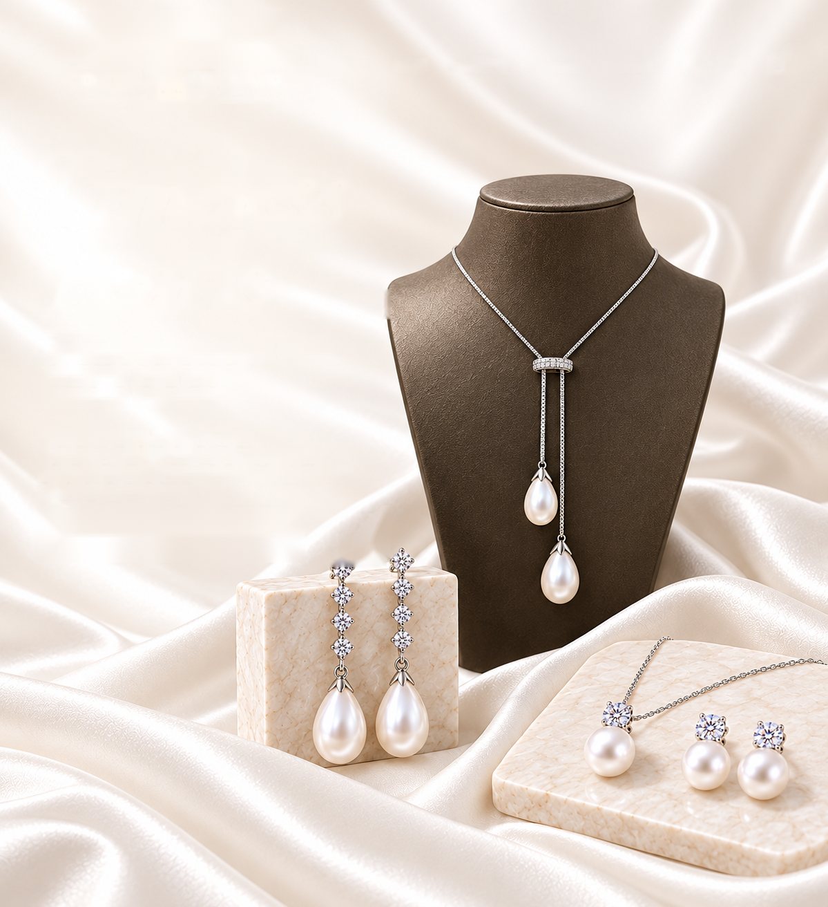 Pearl lariat necklace on a bust, pearl drop earrings and a pearl pendant set on cream marble and white satin