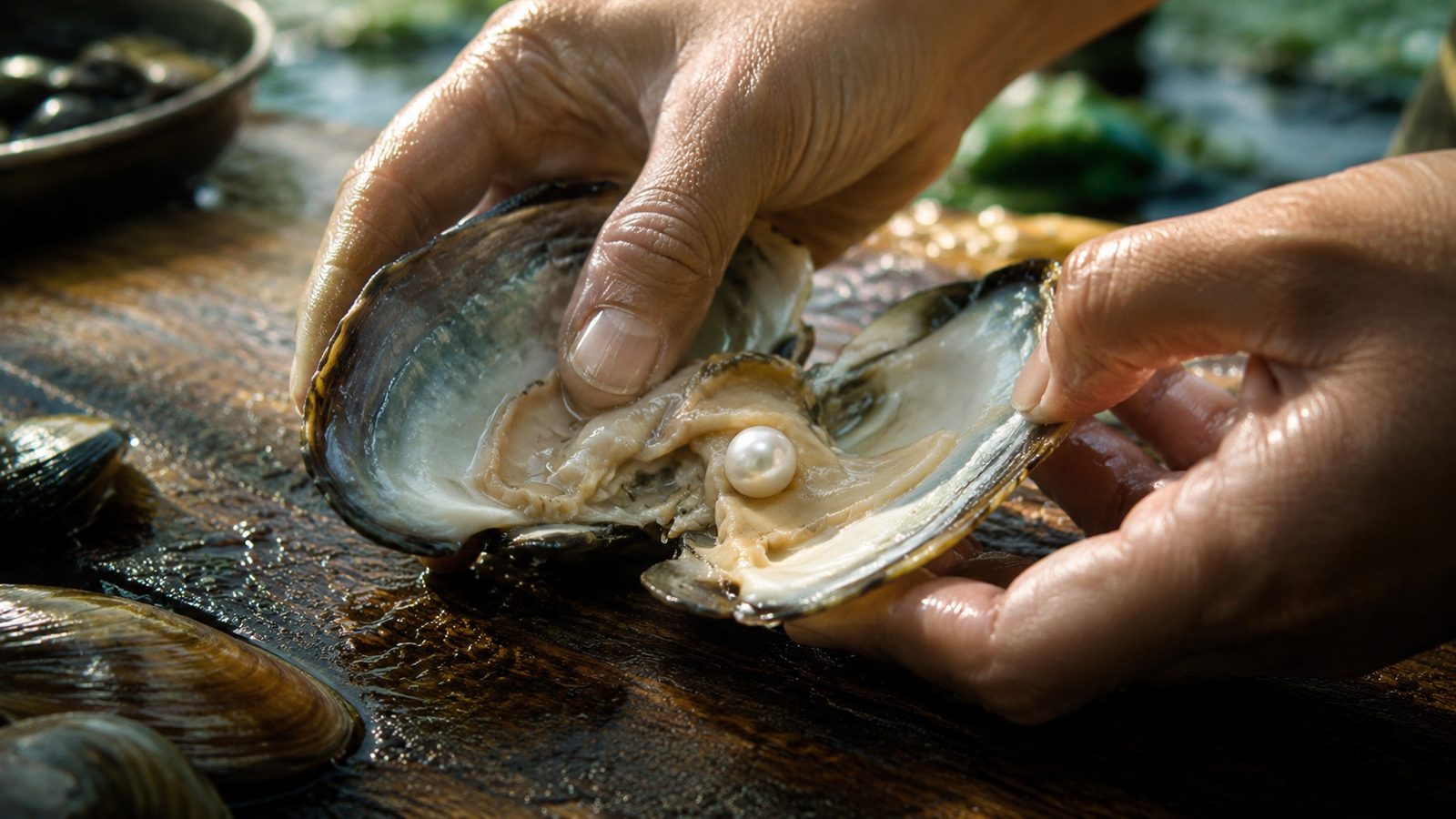 Hands opening a mussel shell to reveal a natural white pearl
